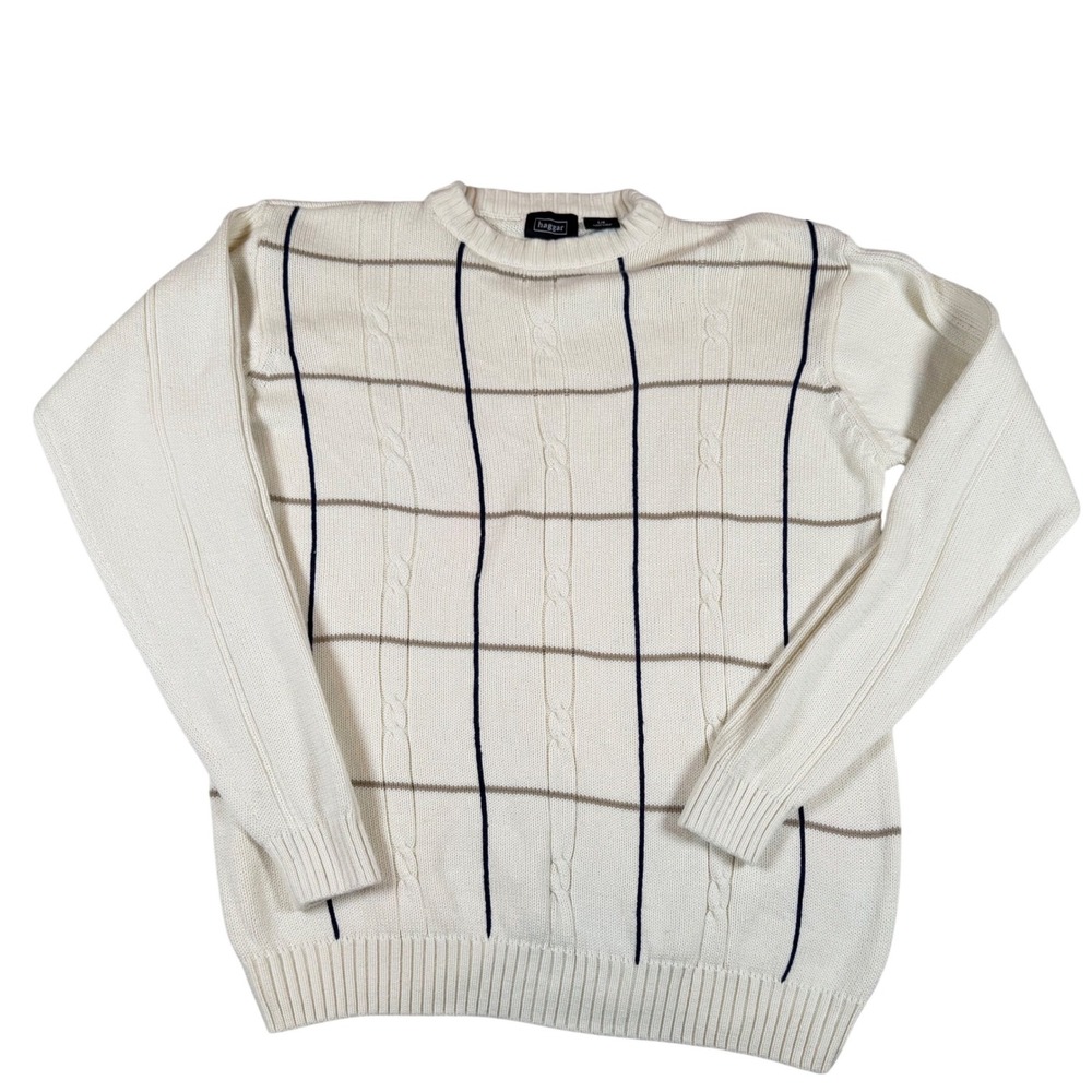 Vtg Cotton Cream Cable Knit Grid Sweater Lg 90s Menswear Chunky Pullover Grandpa